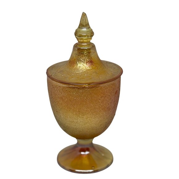 VTG Jeanette Marigold Carnival Glass Crackle Apothecary Candy Jar 7.75" Textured - Picture 1 of 8